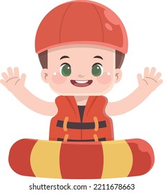 Cute kid in life vest posing with inflatable ring