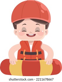 Cute kid in life vest posing with inflatable ring