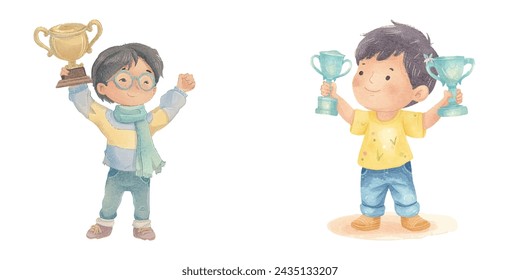 cute kid lifthing trophy in celebration watercolour vector illustration 