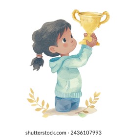 Niño lindo que levanta el trofeo en la ilustración vectorial de la acuarela de la celebración