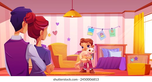 Cute kid love cat and family in house bedroom. Mother and father watching on baby toddler hugging kitty indoor nursery apartment with bed and armchair. Friendship in childhood for preschool pet owner