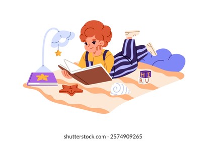 Cute kid lying on the floor, reads stories, novels with lamp. Happy little girl holds paper book with fairy tales. Child studies, learning with textbook. Flat isolated vector illustration on white