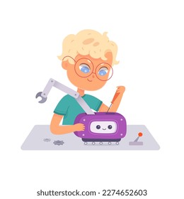 Cute kid making toy robot, science project and robot construction in school vector illustration. Cartoon isolated boy holding screwdriver to repair robotic arm of machine, create and research hardware