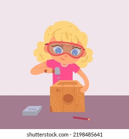 Cute kid making wood birdhouse vector illustration. Cartoon isolated funny little school girl in goggles woodworking, child using mallet to hammer nails and make handmade wooden house background