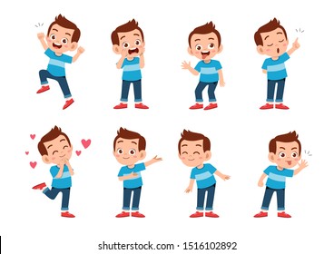 cute kid with many gesture expression set