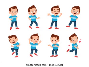 cute kid with many gesture expression set