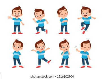 cute kid with many gesture expression set