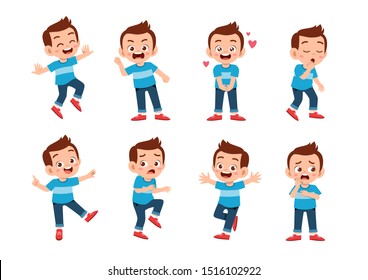 cute kid with many gesture expression set