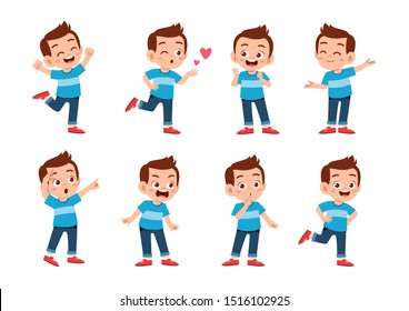 cute kid with many gesture expression set