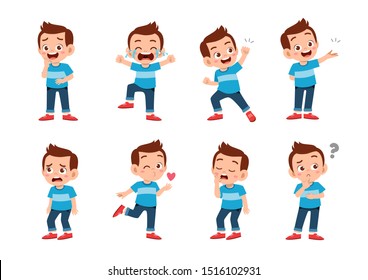 cute kid with many gesture expression set