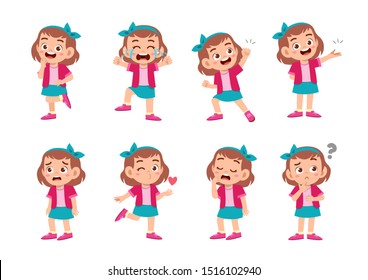 cute kid with many gesture expression set