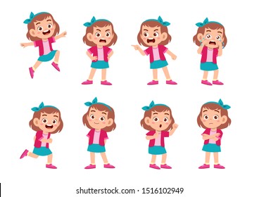 cute kid with many gesture expression set