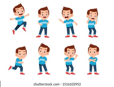 cute kid with many gesture expression set