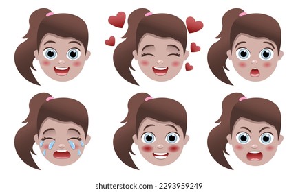 cute kid with many gesture expression set. Cartoon character. Beautiful girl. Vector illustration.Range of different emotions.Portraits of emotional people