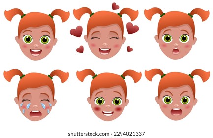 cute kid with many gesture expression set. Cartoon character. Beautiful girl. Vector illustration.Range of different emotions.Portraits of emotional people. Character for animation. Red hair girl