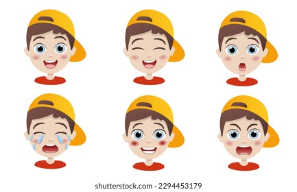 cute kid with many gesture expression set. Cartoon character. Handsome boy. Vector illustration.Range of different emotions.Portraits of emotional people. Character for animation