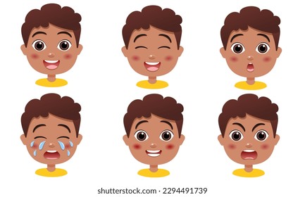 niño lindo con muchas expresiones de gesto marcadas. Caricatura. Hermoso chico de piel negra. Ilustración vectorial. Variedad de emociones diferentes. Retratos de personas emocionales. Caracteres para la animación