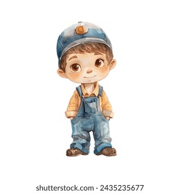cute kid mechanic vector illustration in watercolour style