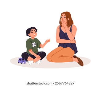 Cute kid and mom communicate. Child tells smth caring parent. Boy asks question, mother thinking about answer. Happy family talks, spends time together. Flat isolated vector illustration on white