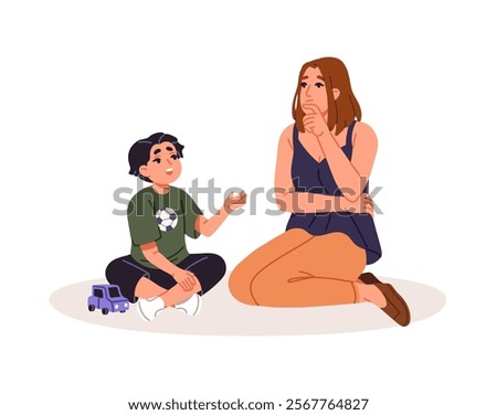 Cute kid and mom communicate. Child tells smth caring parent. Boy asks question, mother thinking about answer. Happy family talks, spends time together. Flat isolated vector illustration on white