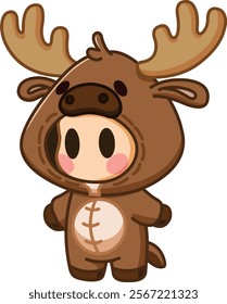 Cute kid in a moose costume with blushing cheeks