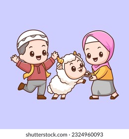 Cute Kid Moslem Playing With Sheep Cartoon Vector Icon Illustration. People Animal Icon Concept Isolated Premium Vector. Flat Cartoon Style