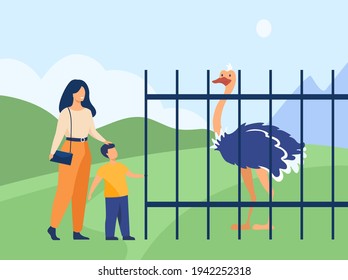 Cute kid with mother watching ostrich in zoo. Cage, bird, wildlife flat vector illustration. Holiday and animals concept for banner, website design or landing web page