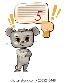 The cute kid Mouse is proud of a good Five. Funny kid animal. Illustration for children. Joyful diligent student. Isolated on white background. Vector.