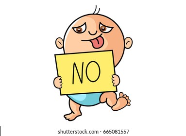 Cute Kid with a note saying No. vector Illustration. Isolated on white background.