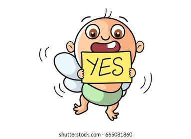 Cute Kid with a note saying Yes. vector Illustration. Isolated on white background.