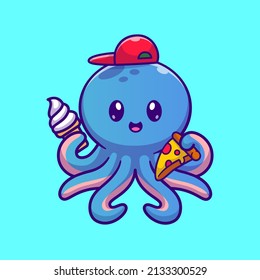 Cute Kid Octopus Holding Pizza And Ice Cream Cone Cartoon Vector Icon Illustration. Animal Food Icon Concept Isolated Premium Vector. Flat Cartoon Style