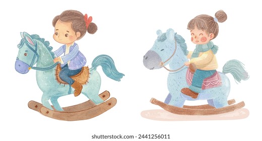 cute kid on rocking horse watercolour vector illustration 