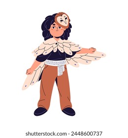 Cute kid in owl costume in Halloween masquerade. Funny child wearing traditional suit of american indian. Little girl dressed in owlet with wings, mask. Flat isolated vector illustration on white