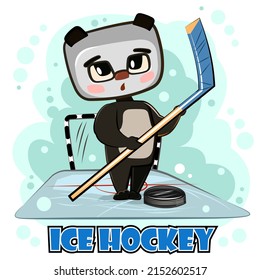 Cute kid panda, Bear on ice. Children winter sports. Illustration for children. Hockey stick and puck. Sport. Funny animal in cartoon style. Picture is isolated on white background. Vector.
