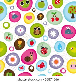 Cute kid pattern with little animals bugs and fruit in vector