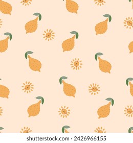 Cute kid pear sun nursery seamless pattern for fabric, clothes, wallpaper background illustration minimalistic simple.