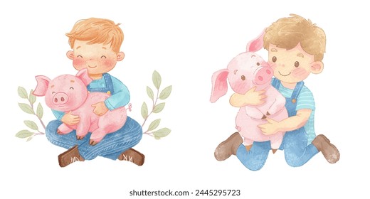 cute kid with pig watercolor vector illustration