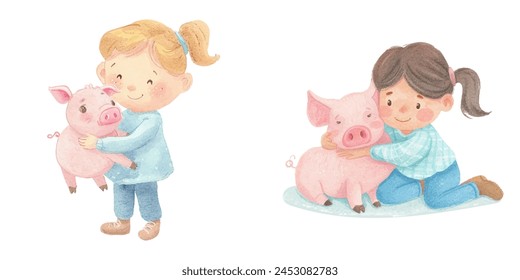 cute kid with pig watercolor vector illustration 