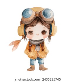 cute kid pilot vector illustration in watercolour style