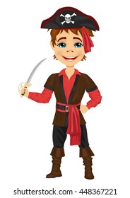 Cute kid in pirate costume holding a sword