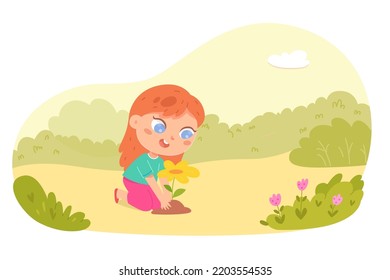 Cute kid planting flower in ground of garden vector illustration. Cartoon isolated happy girl holding flower seedlings to plant in soil of field, summer and spring gardening of little child florist