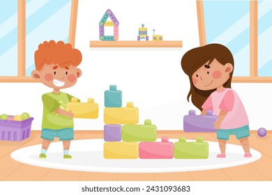 Cute Kid Play Block Toy in Playroom Vector Illustration