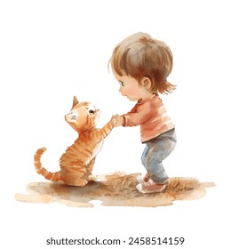 cute kid play with cat vector illustration in watercolor style