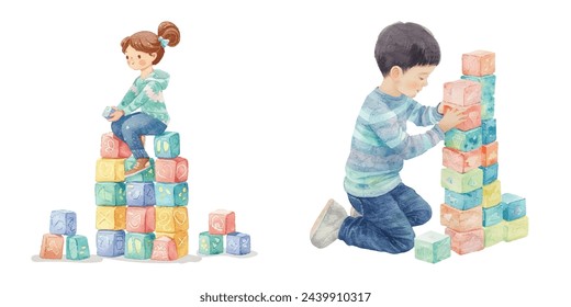 cute kid play with color block watercolour vector illustration 