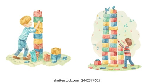 cute kid play with color block watercolour vector illustration