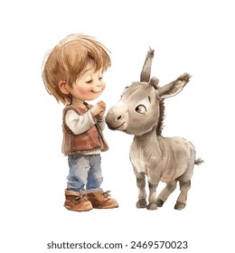 cute kid play with donkey vector illustration in watercolor style