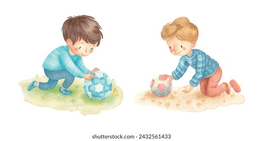 lindo niño jugar fútbol acuarela ilustración vectorial 