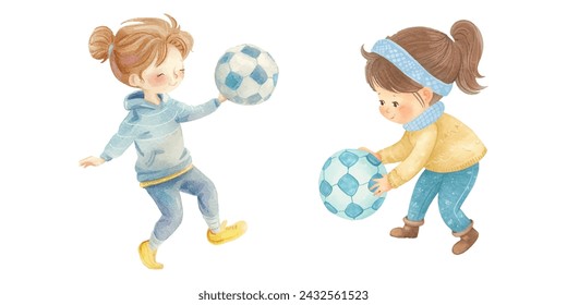 cute kid play soccer football watercolor vector illustration 