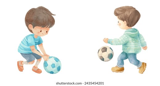 lindo niño jugar fútbol acuarela ilustración vectorial 