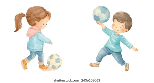 cute kid play soccer football watercolor vector illustration